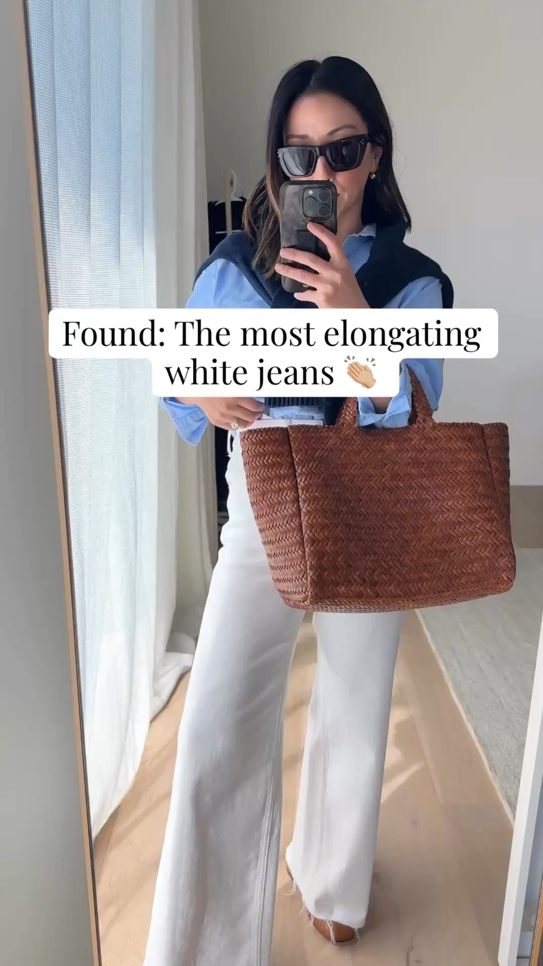 The most flattering white jean! Everlane’s way high 2.0 sailor jeans. High rise wide leg. I did have to cut the hems on these. On sale! 

Gap Big Shirt petite xs
Everlane sailor jeans 25, but hems
Everlane cotton sweater xs
Everlane ballet flats 5
Marea tote - sold out, linked similar 
Celine sunglasses 
Electric picks earrings
Dorsey James necklace 15”

Spring outfits 2026, white jeans, petite style 

#LTKootd #LTKSaleAlert #LTKPetite