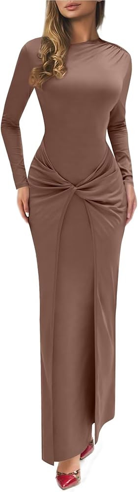 Mojessy Women Bodycon Maxi Dress Sexy Mock Neck Ruched Long Sleeve Long Dress Cocktail Party Dres... | Amazon (US)