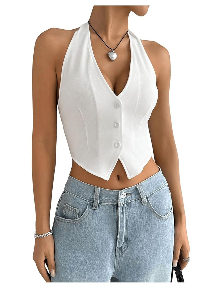 MakeMeChic Women's Button Front Halter Crop Tops Tie Back Fitted Vest Top Suit Vest Waistcoat | Amazon (US)