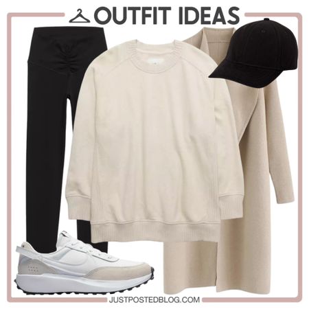 Casual outfit for fall and winter with a cream tunic sweatshirt, coatigan, black leggings, and neutral Nike sneakers 

#LTKunder50 #LTKunder100 #LTKstyletip