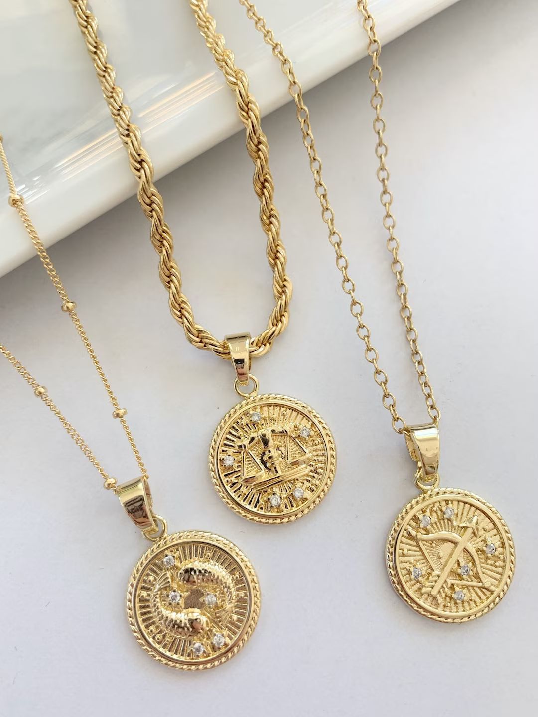 Zodiac Necklace, Zodiac Coin Necklace, Gift for Her, Libra Necklace, Virgo Necklace, Scorpio Neck... | Etsy (US)