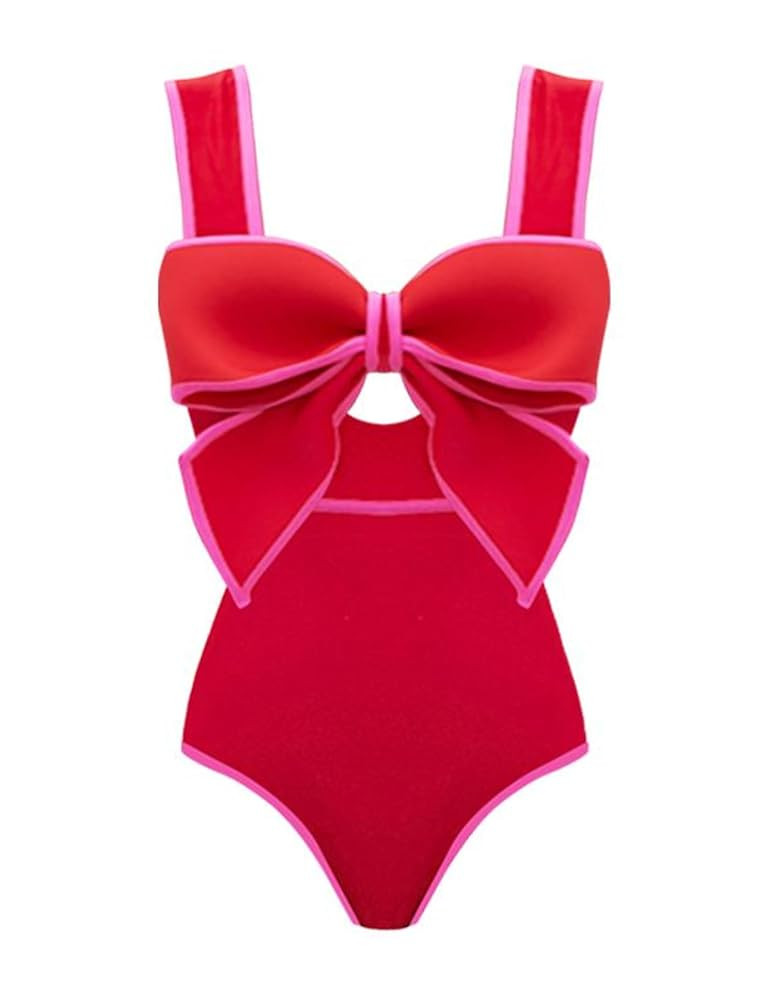 FLAXMAKER Bow Front Cut Out Color Block One Piece Swimsuit and Skirt | Amazon (US)