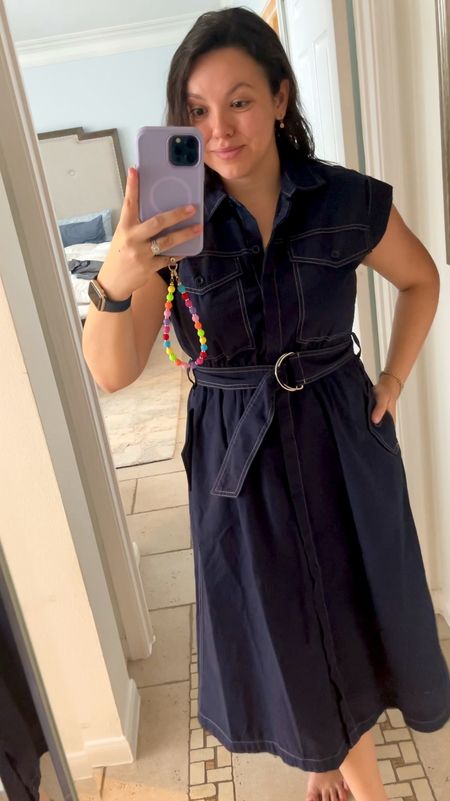 Belted utility midi dress in a thick navy cotton
So flattering, belt is adjustable, substantial fabric, great length for petites 
Wearing a small, runs big, size down. 
Office style under $40 

#LTKworkwear #LTKstyletip #LTKfindsunder50
