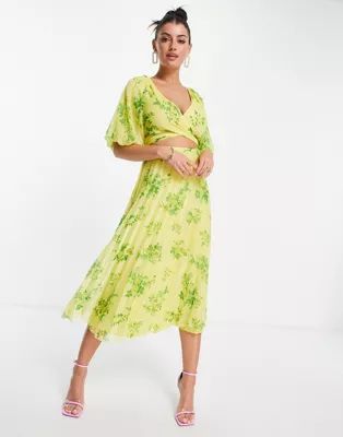 ASOS DESIGN wrap around pleated midi dress in yellow floral print | ASOS (Global)