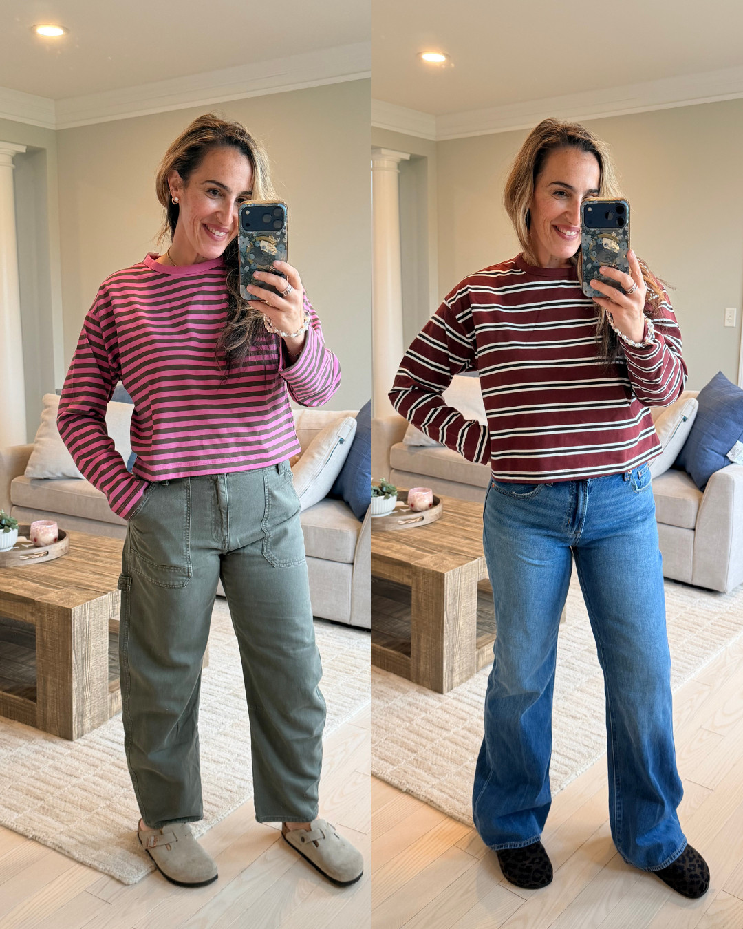 super cute long sleeve top! its thicker than a tee but not quite a sweater! both are a medium.
pants are an 8, if you want a baggy fit size up. 
jeans are a 29, definitely size up in those. 

 #LTKootd #LTKmomlife #LTKOver40