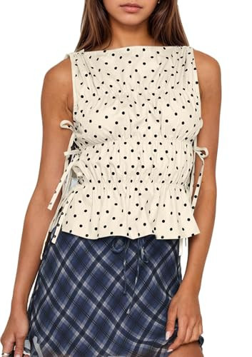 calbatic Women Polka Dot Sleeveless Peplum Tops Side Bow Tie Ruched Smocked Tank Tops Boat Neck Summer Going Out Shirts Apricot | Amazon (US)