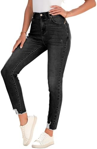 SHEWIN Women's Ripped Shaping Skinny Jeans Distressed Raw Hem Stretchy Denim Pants | Amazon (US)