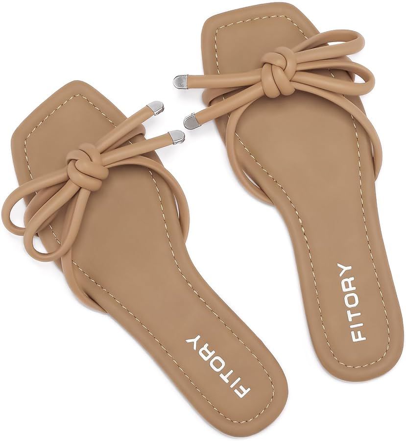 FITORY Women's Flat Sandals Square Open Toe Thong with Cute Knot for Summer Size 6-11 | Amazon (US)