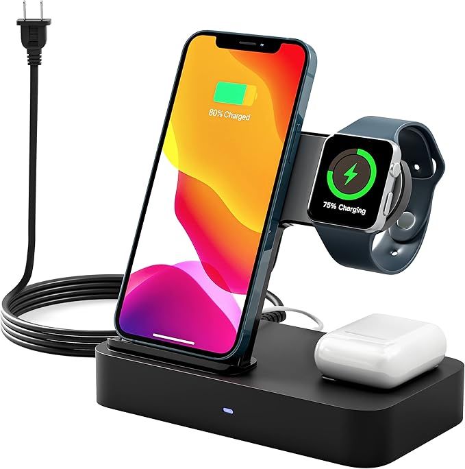 Poweroni 3 in 1 Wireless Charger Station for Multiple Devices Apple Compatible Charging Station S... | Amazon (US)