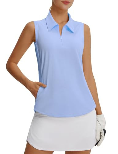 baleaf Women's Golf Shirts Sleeveless Pockets Tennis Tops Workout Athletic Polo V Neck Collared UPF Light Blue XS | Amazon (US)