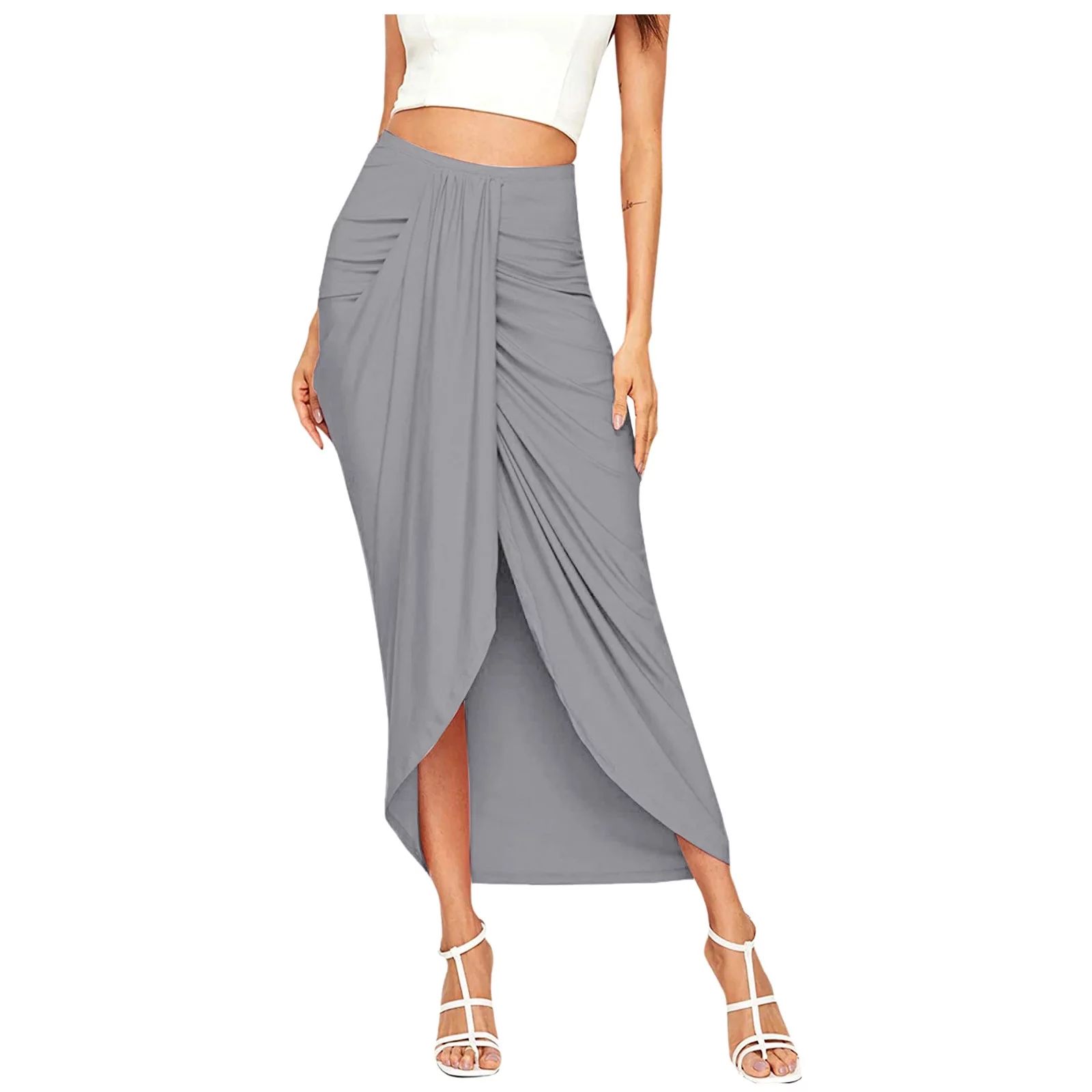 Bescita Women's Casual Solid Slit Wrap Asymmetrical Elastic High Waist Maxi Draped Skirt - Walmar... | Walmart (US)