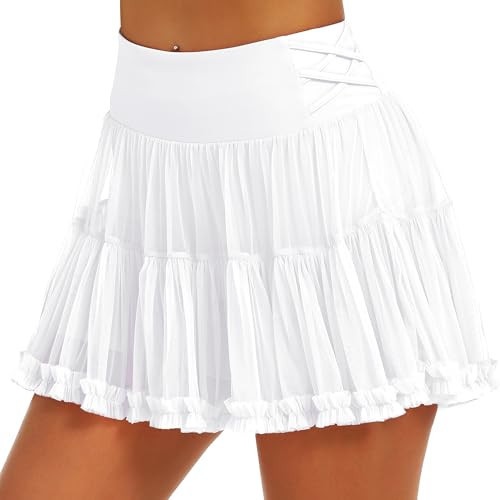 Stelle Women's High Waist Athletic Skorts with Shorts Pockets Ruffle Flowy Mini Cake Skirt Layered Pleated Cute Casual Summer (White,M) | Amazon (US)