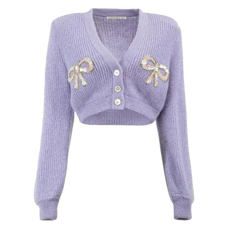 Alessandra Rich Lilac Sequinned Bow Knit Crop Cardigan Size M | 1stDibs