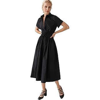 Ladyful Women Casual Button Down Short Sleeve Shirt Dress Tie Waist Midi Shirt Dress Elegant Busi... | Amazon (US)