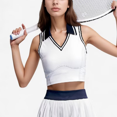 Anna-Kaci Active Women's Sleeveless Cropped Tennis Top with Contrast Collar and V-Neckline - Small, Navy | Target