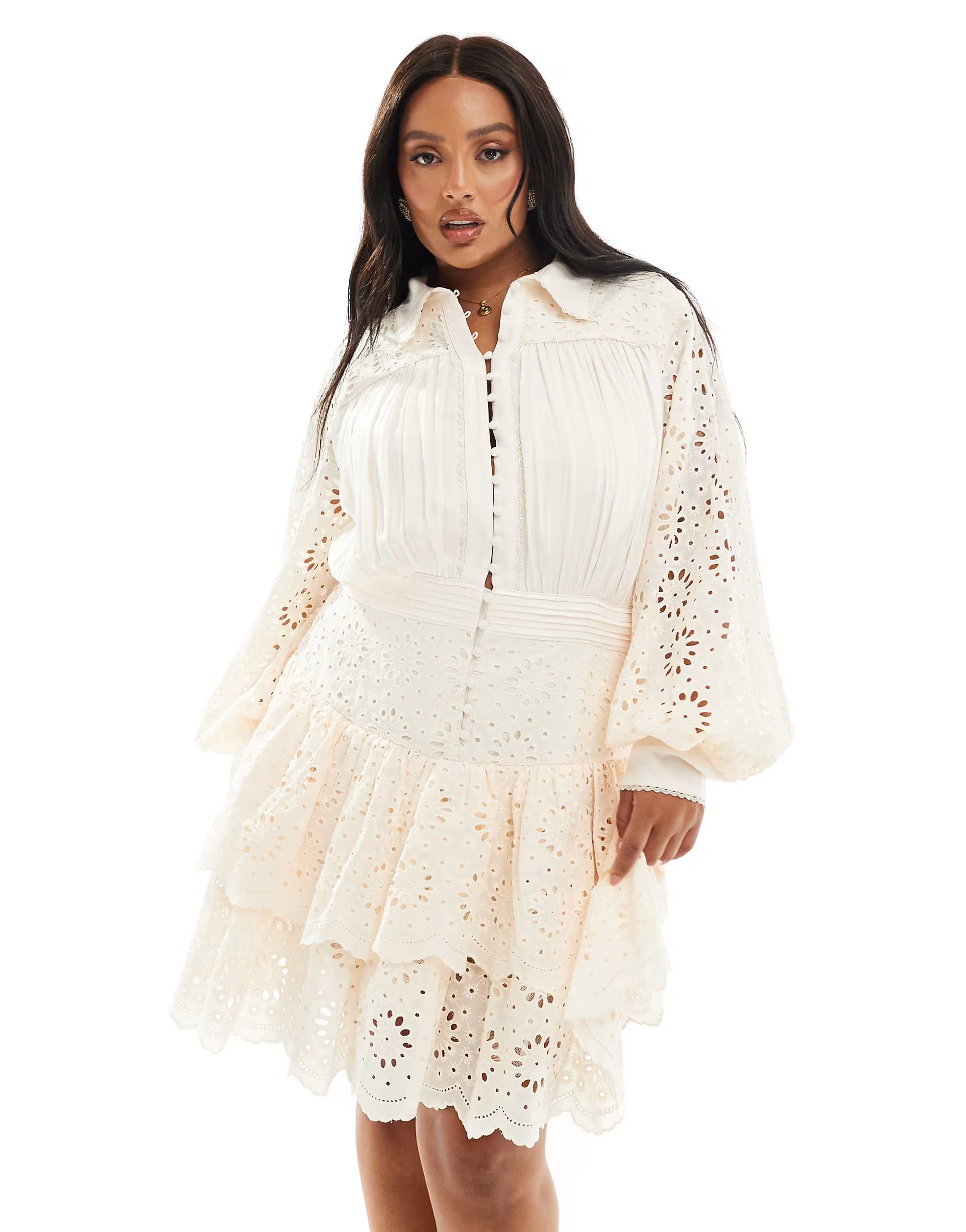 ASOS LUXE Curve eyelet peplum mini shirt dress in cream | ASOS (Global)