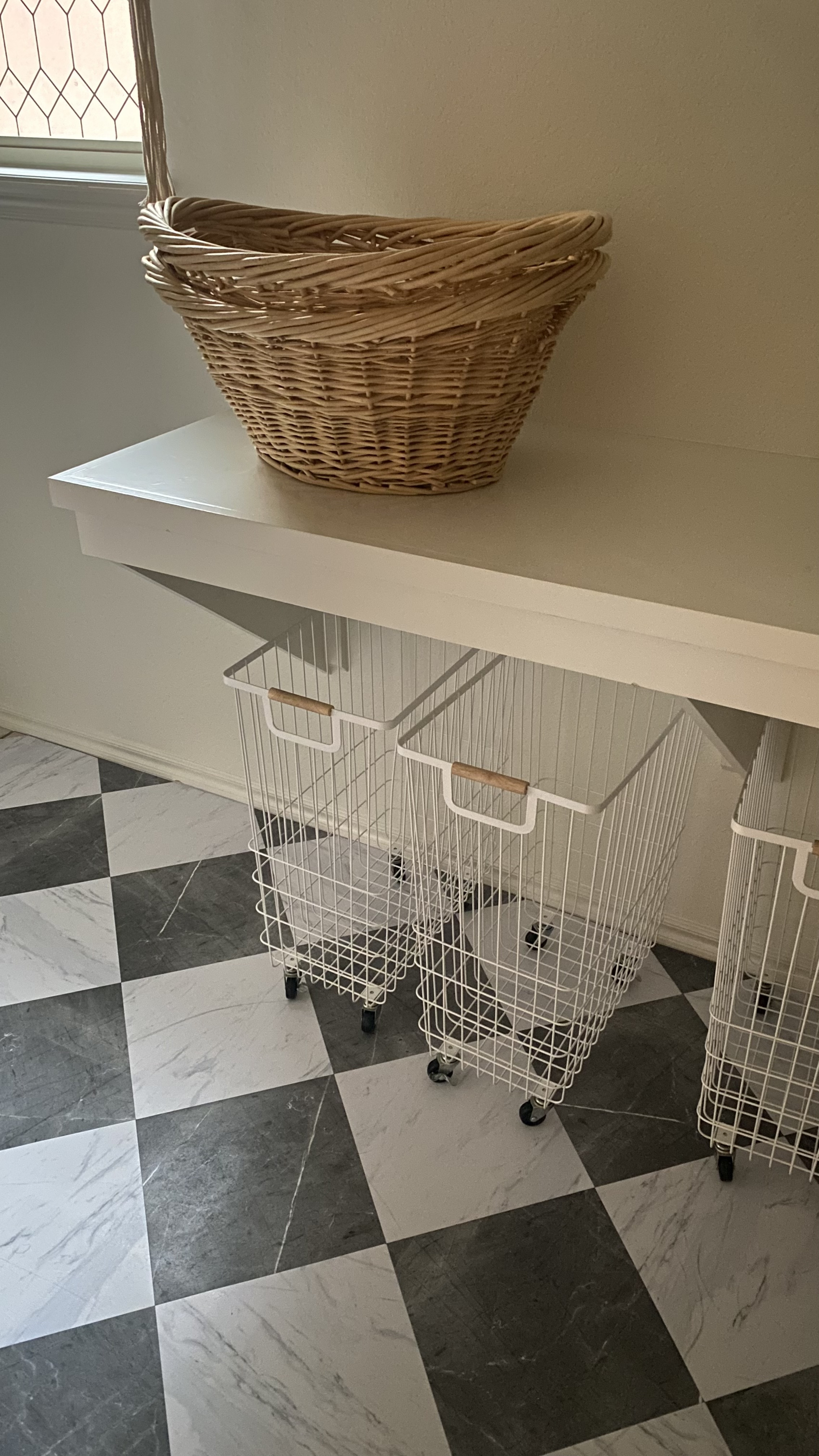Laundry organization, floor tiles, laundry basket, laundry room essentials, peel and stick floor tile, window cling
