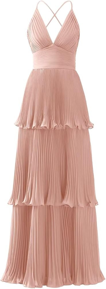 Tiered Ruffles Bridesmaid Dresses for Women Chiffon V-Neck A-line Long Formal Evening Gowns | Amazon (US)