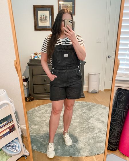 Spring outfit / summer fashion / casual outfit / vacation outfit / black short overalls / striped T-shirt / shorts sleeve tee / shortalls/ denim jean shorts 

#LTKfindsunder100 #LTKover40 #LTKSeasonal