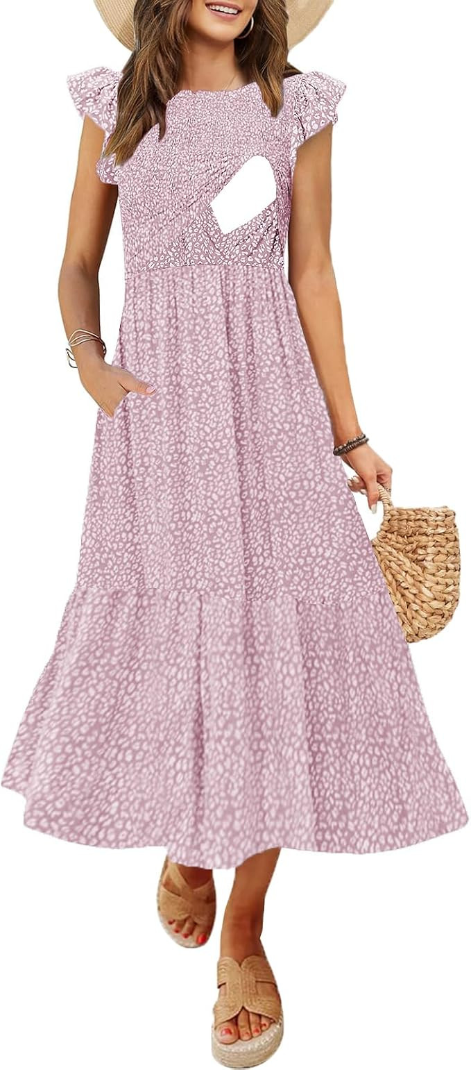 Women's Nursing Dress Flutter Short Sleeve Crew Neck Smocked Elastic Waist Tiered Midi with Pocke... | Amazon (US)