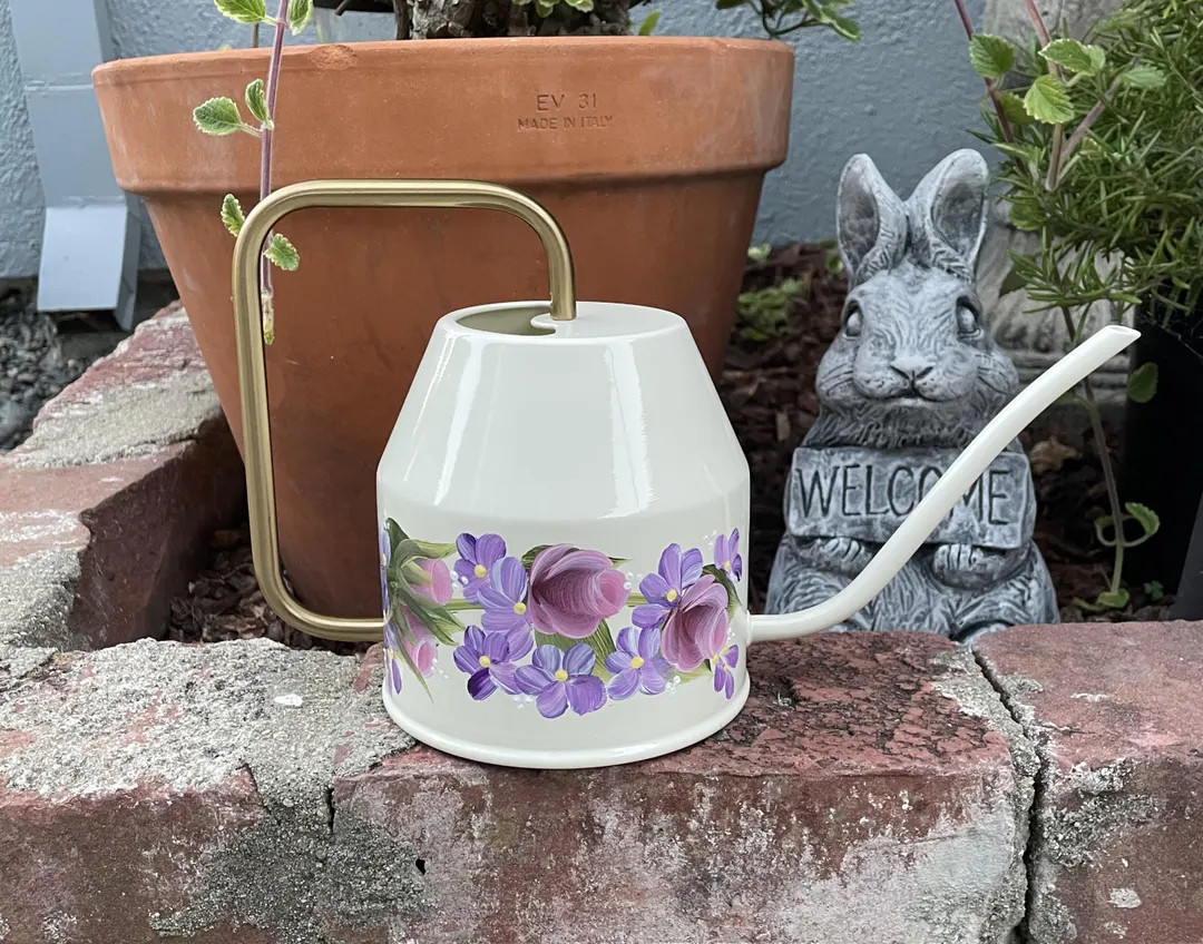 Hand Painted Ivory Enamel Watering Can: Pink Roses & Purple Hydrangeas | Etsy (Global)