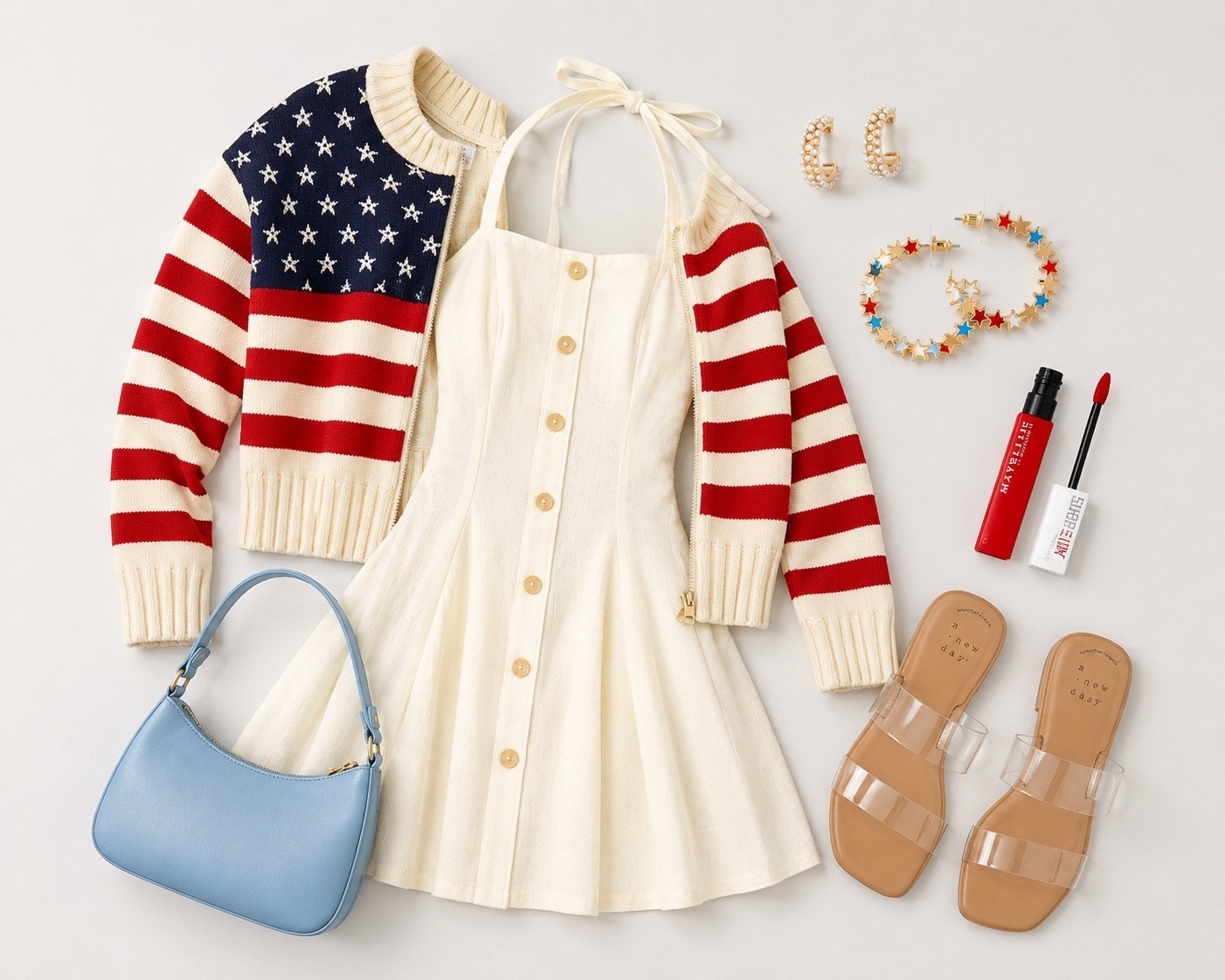 Found the cutest patriotic cardigan for summer! ❤️🤍💙 

Layered over this  halter cream dress with fun star earrings, clear sandals, and a pop of red lipstick. Perfect for Fourth of July, summer BBQs, and fireworks night.

Target new arrivals 
July 4th outfits

#LTKSeasonal #LTKootd #LTKgrwm