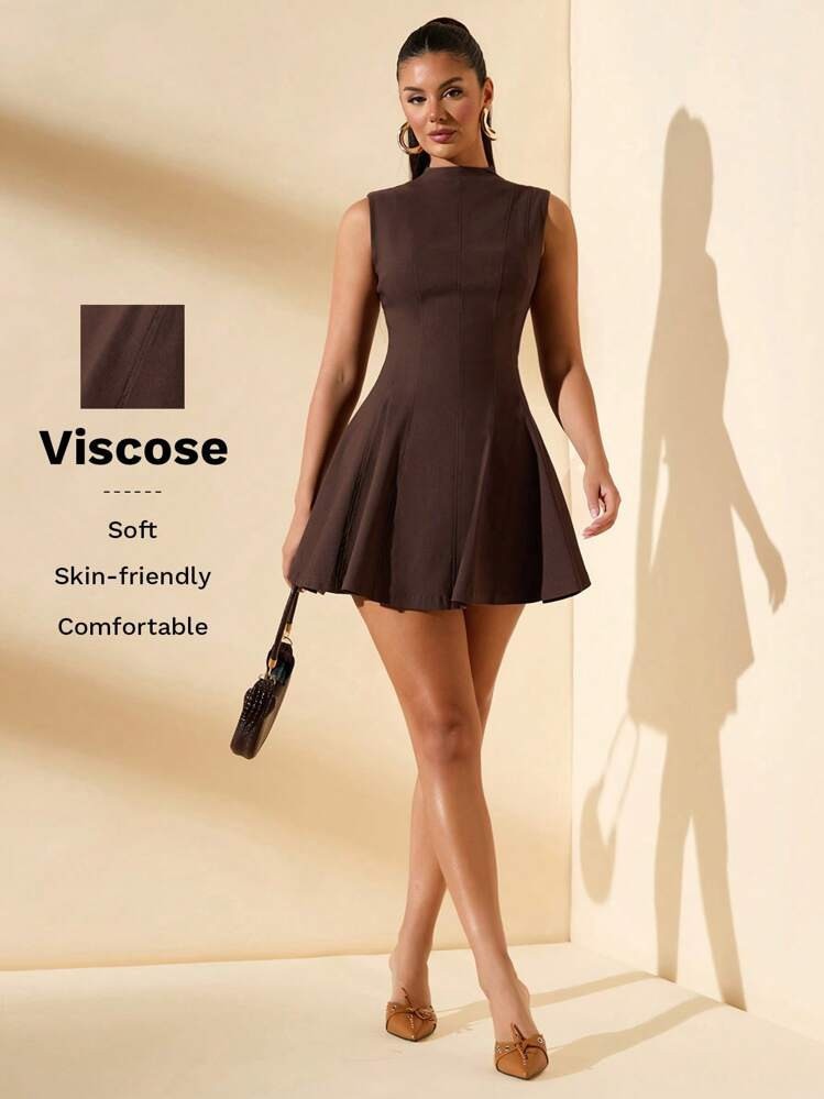 SHEIN BAE 1 Peça Vestido Evasê Simples E Elegante Marrom Sólido Sem Mangas Para Mulheres, Estilo Princesa Decote Redondo Vestido De Slip Casual, Adequado Para Escritório, Negócios, Transporte, Outono/Inverno | SHEIN