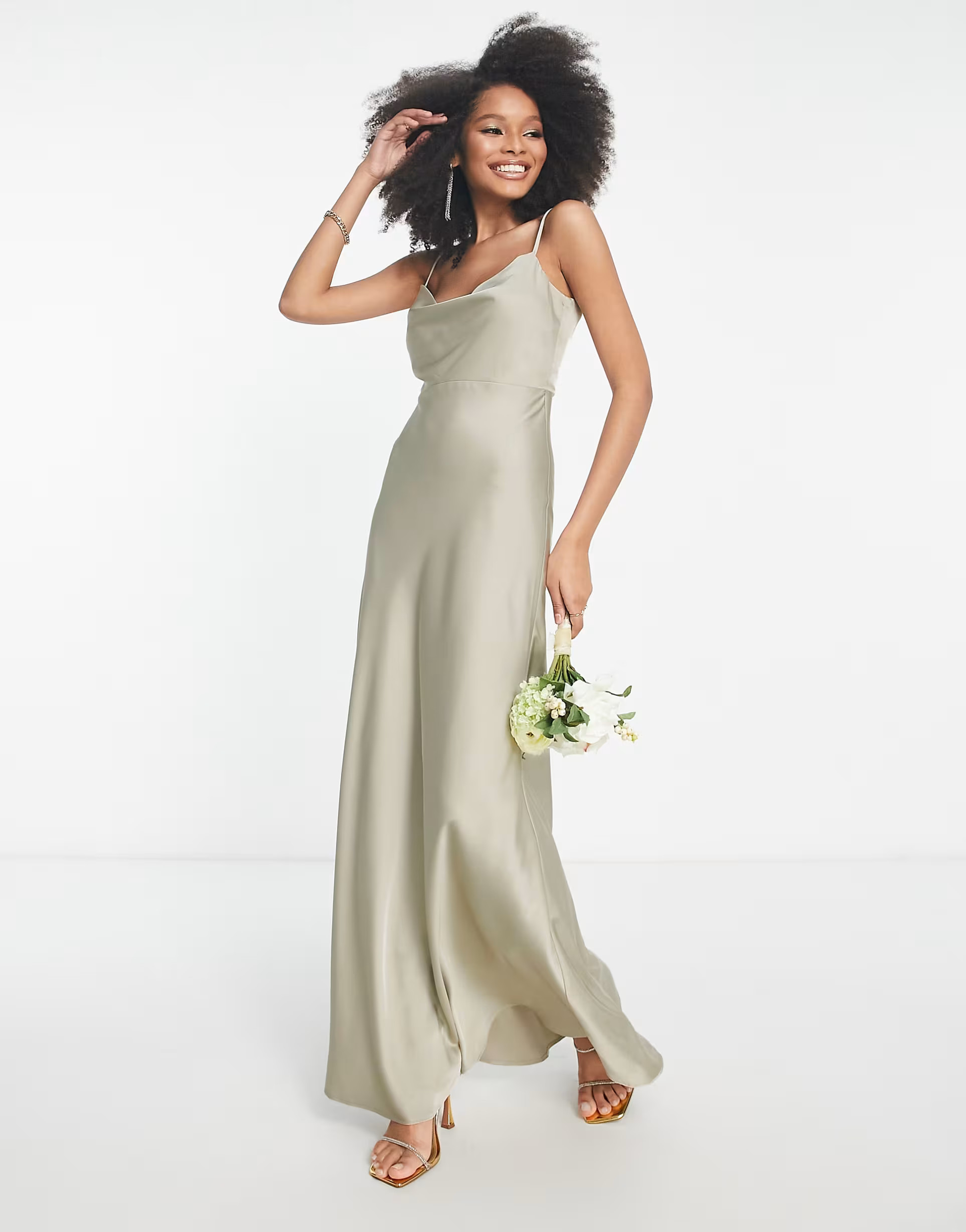 ASOS DESIGN Bridesmaid satin cowl neck maxi dress with full skirt in sage green | ASOS (Global)