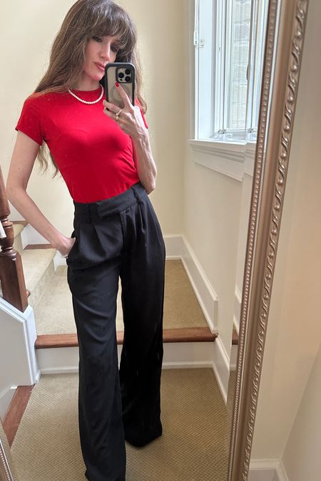 Perfect tee for less than $25! Fits like a bodysuit, size up. These loose trousers are great for work and polished outfits !

#LTKSeasonal #LTKfindsunder50 #LTKstyletip
