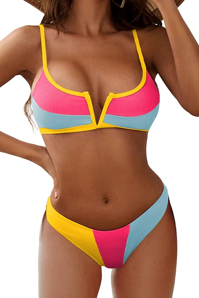 ZAFUL Women's High Cut Bikini Sets Ribbed V-Wire Cami Bikini Two Piece Swimsuit | Amazon (US)