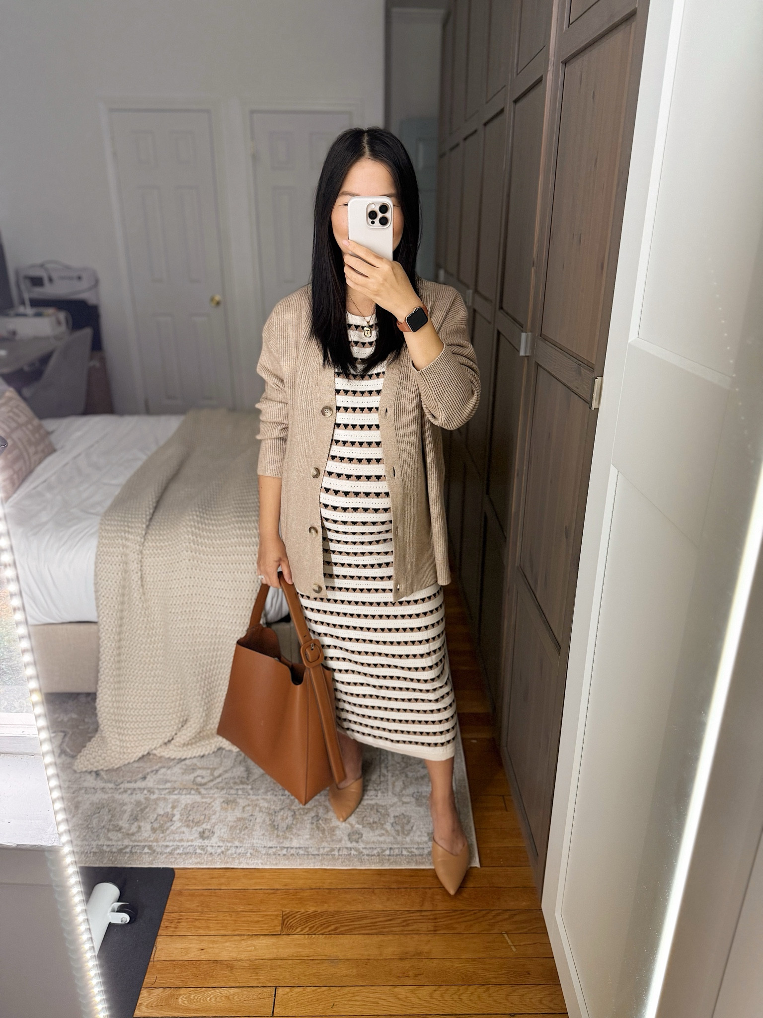 Striped dress (S)
Striped maternity dress
Beige cardigan (S)
Brown tote bag
Tan mule pumps (1/2 size up)
Tan pumps
Maternity outfit (27 weeks)
Maternity work outfit
Neutral work outfit
Business casual outfit
Amazon fashion
Amazon dress
Amazon sweater
Amazon outfit

#LTKFindsUnder50 #LTKWorkwear #LTKBump