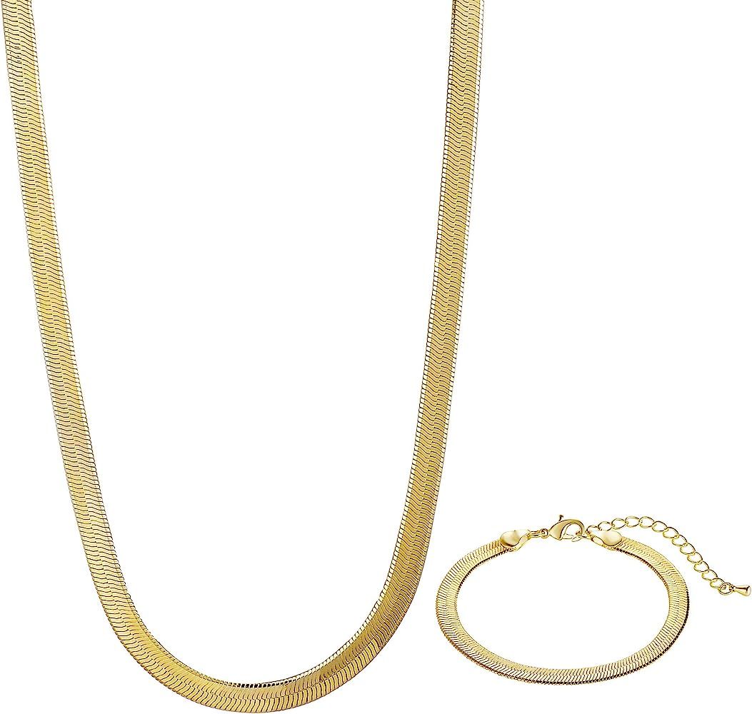 Tewiky Herringbone Necklace for Women Dainty 14k Gold Snake Chain Necklace Layered Gold Herringbone  | Amazon (US)