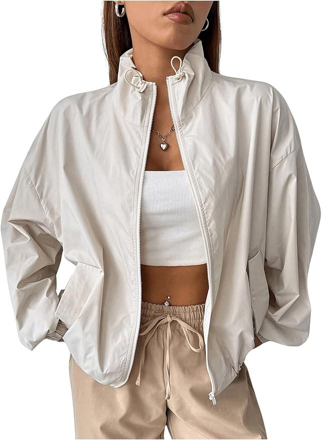 Verdusa Women's Lightweight Windbreaker Jacket Zip Up Drawstring Drop Shoulder Casual Jacket Oute... | Amazon (US)