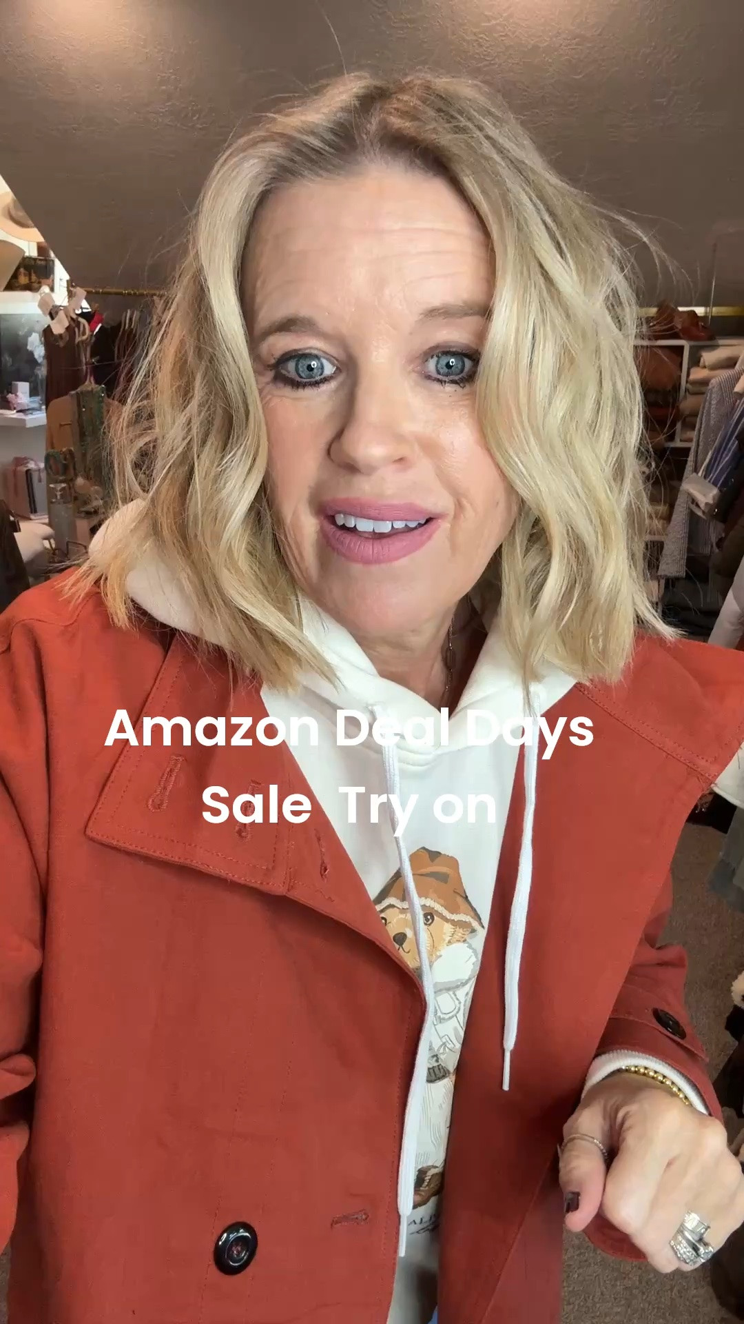 Amazon Deal Days 
Try on…

This cute pumpkin spiced pea style coat is so good

The quality is thick and looks expensive 
Fits tts and on sale 

You asked … I am giving options under $50 jeans and these cross over front detail wide leg raw hem jeans at so good at arounaround d $40
Wearing a med in both

 Teddy sweatshirt (sorry not on sale) wearing a small