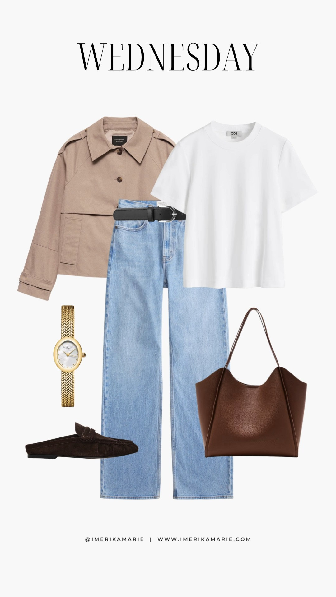 Wednesday Outfit Inspo 🎧

spring outfits 2026. spring outfit. cropped trench coat. light blue jeans. white t-shirt. loafers. brown tote bag. gold watch 

 

#LTKootd #LTKSeasonal #LTKPetite