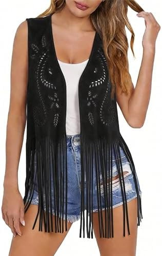 Women Western Tassels Vest Tops 70s Hippie Sleeveless Faux Suede Fringe Vests Jacket Cardigan Ope... | Amazon (US)