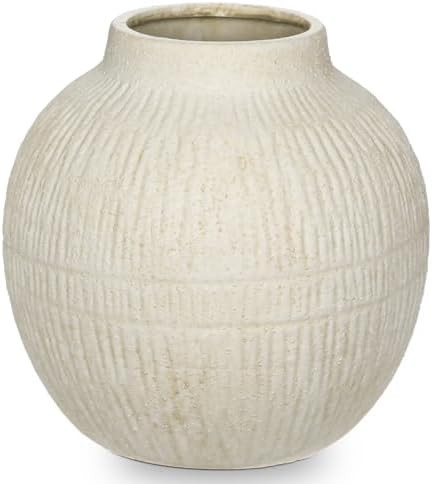 7" Short Round Clay Vase with Vertical Engravings Texture, Sand-Grain Tactile, Wide Ceramic Vase ... | Amazon (US)