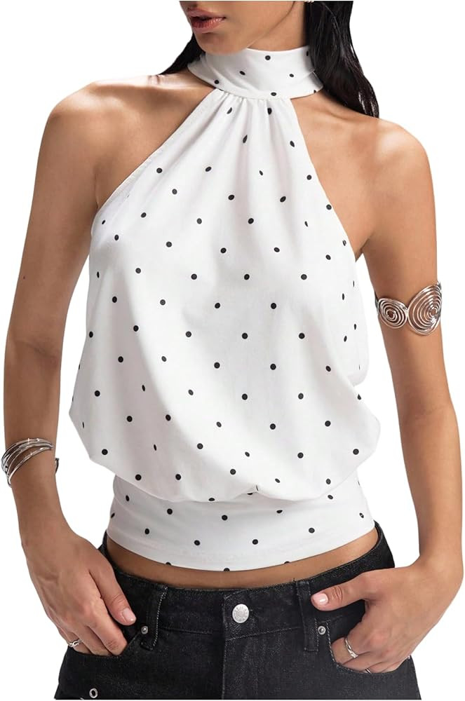 GORGLITTER Women's Polka Dots Halter Tops High Neck Tie Backless Going Out Top | Amazon (US)