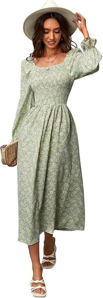 Floerns Women's Boho Floral Print Square Neck Flounce Sleeve A Line Long Dress | Amazon (US)