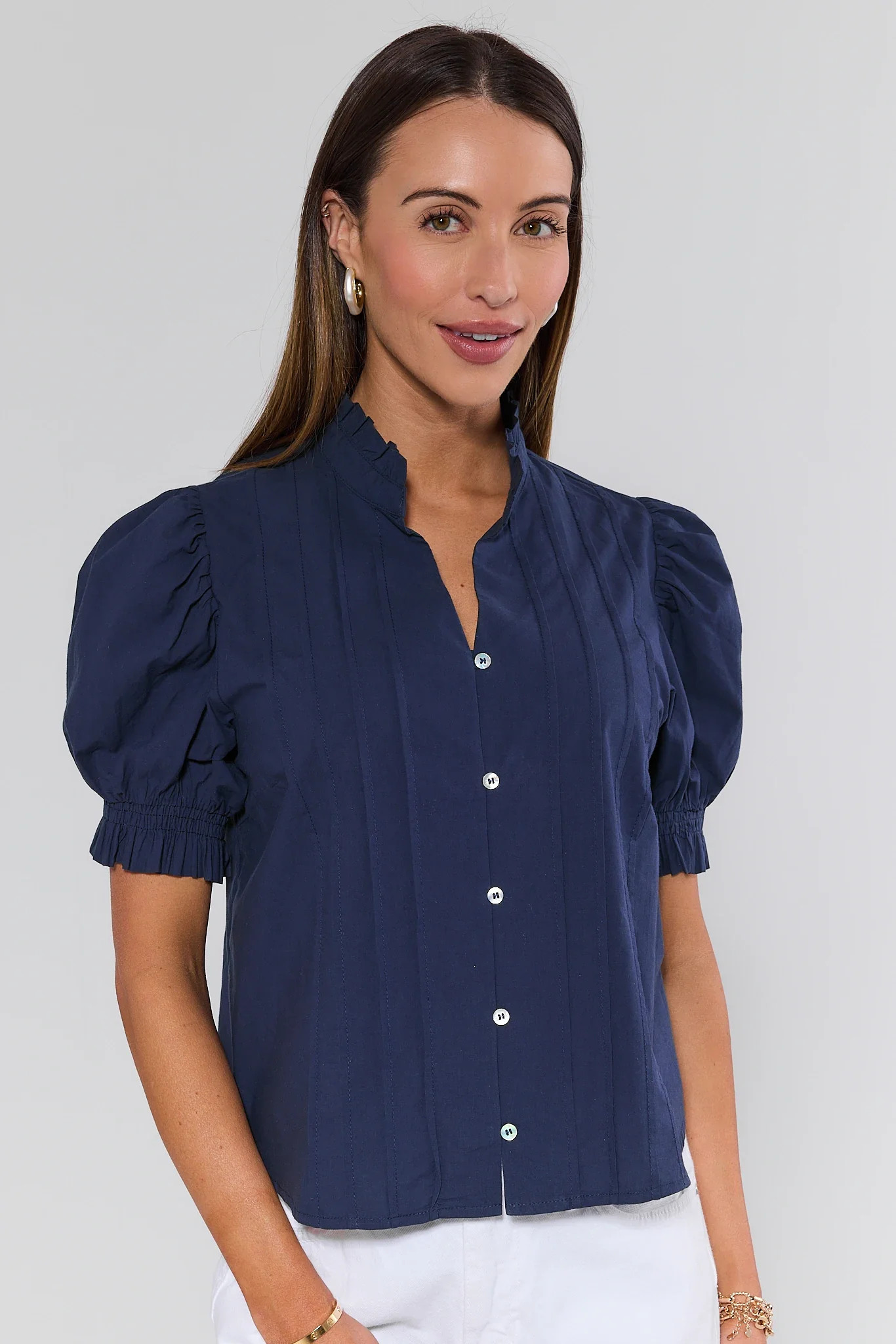 Marie Navy Pleated Puff Sleeve Top | Avara