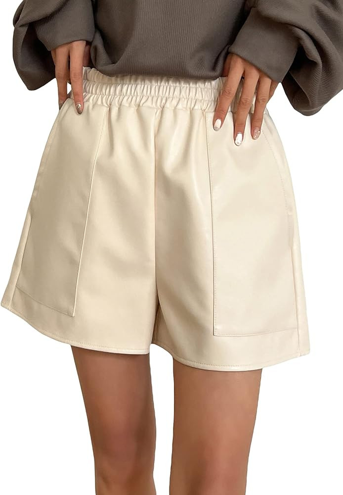 Floerns Women's PU Leather Elastic High Waist Solid Wide Leg Shorts with Pocket | Amazon (US)