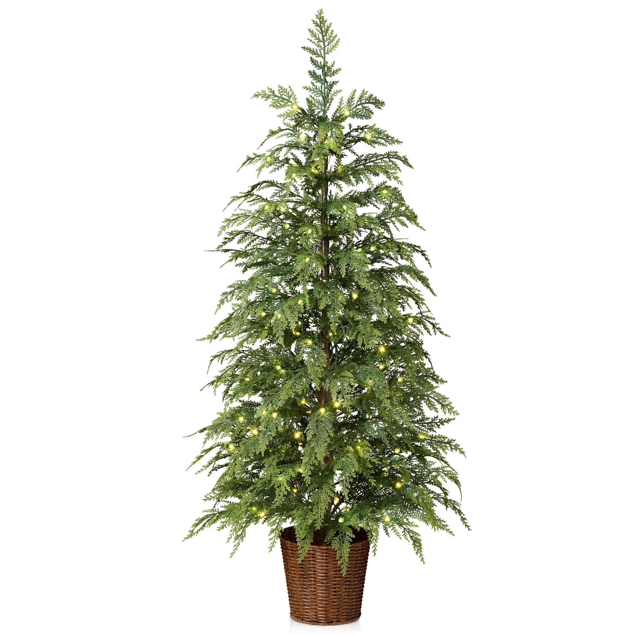 DR.Planzen 4' Pre-Lit Green Cypress Artificial Christmas Potted Tree with 100 Warm White Twinkle LED Lights, Indoor Tabletop Holiday Decoration in Woven Basket Base | Walmart (US)