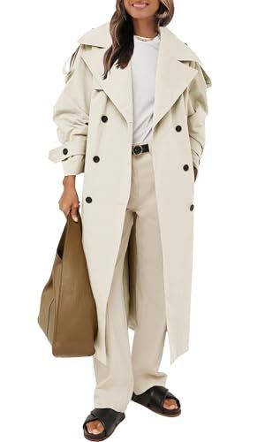 Farktop Womens Oversized Long Trench Coat Double Breasted Lapel Windproof Overcoat with Belt | Amazon (US)