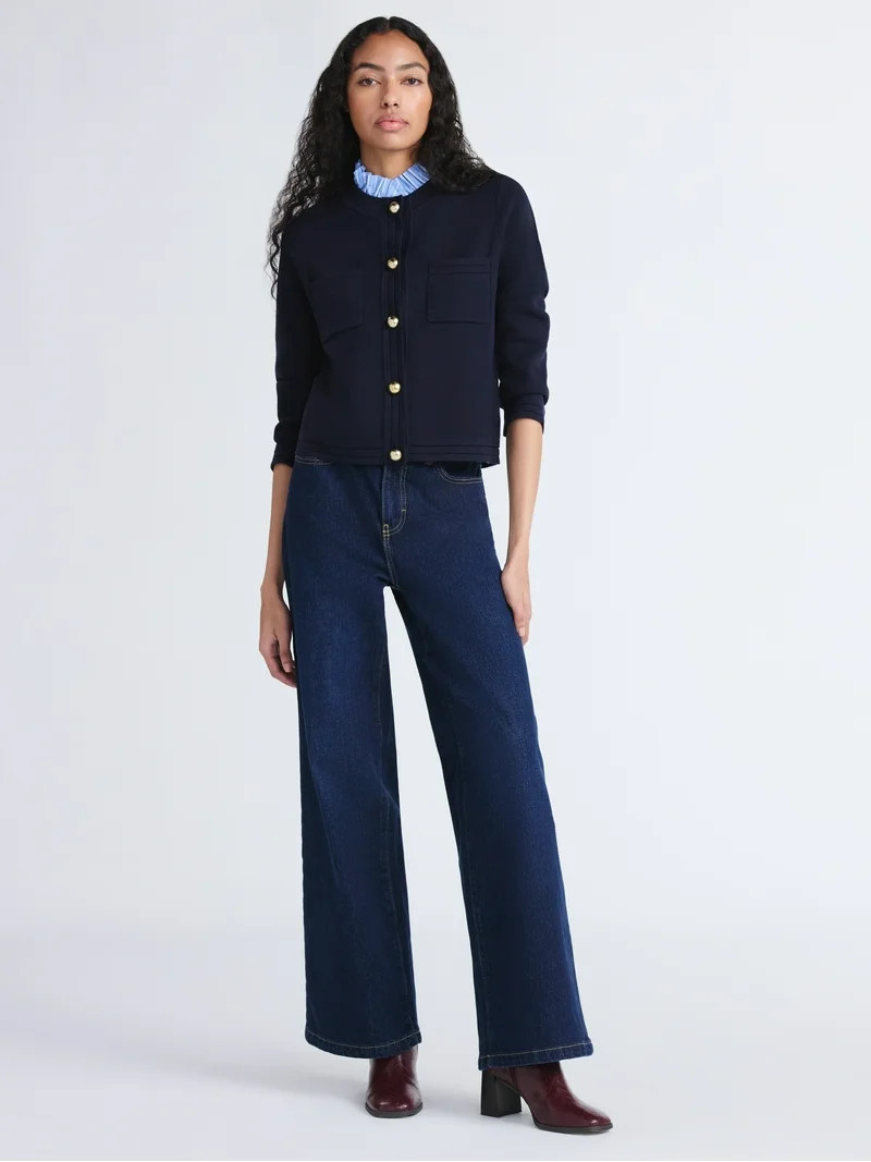 Free Assembly Women's and Women's Plus Ruffle Neck Chest Pocket Cardigan, Sizes XS-4X | Walmart (US)