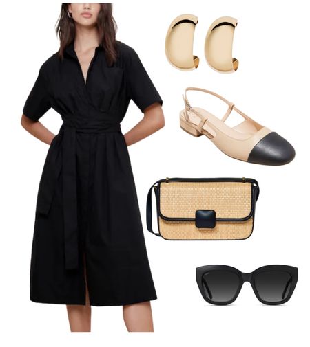 Black shirt dress outfit idea 
Cap rod flats 
Straw bag 

#LTKstyletip #LTKSeasonal #LTKfindsunder100