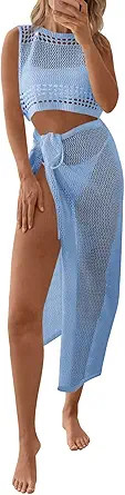 Fisoew Womens Crochet Swim Cover Ups 2 Piece Sleeveless Crop Tops Beach Wrap Skirt Hollow Out Boh... | Amazon (US)