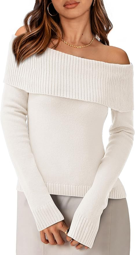 PRETTYGARDEN Women's Fall Off Shoulder Sweaters Y2K Long Sleeve Ribbed Knit Fitted Pullover Winte... | Amazon (US)
