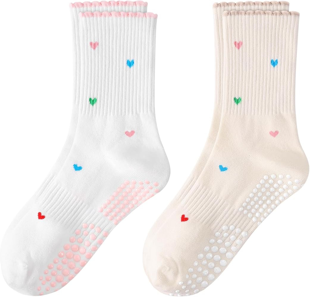 Pilates Yoga Grip Socks for Women, Bow-Patterned Ruffled Crew Socks Ideal for Fitness, Ballet Bar... | Amazon (US)