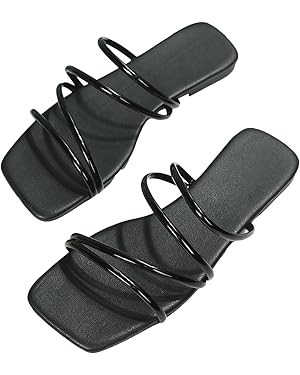 GORGLITTER Women's Strappy Flat Sandals Cute Dressy Open Toe Slip on Slide Sandals | Amazon (US)