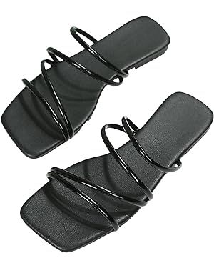 GORGLITTER Women's Strappy Flat Sandals Cute Dressy Open Toe Slip on Slide Sandals | Amazon (US)